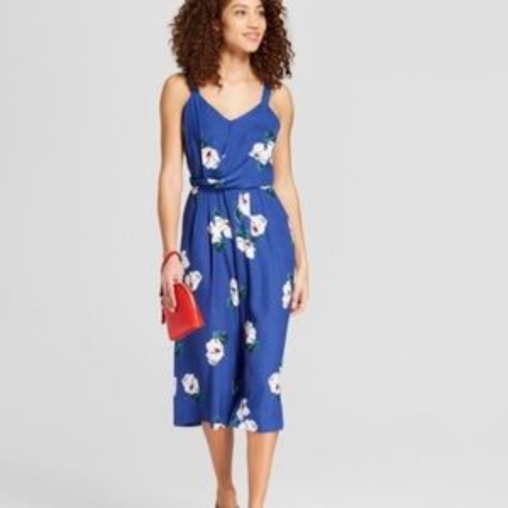 A New Day Floral Twist Front Blue Jumpsuit